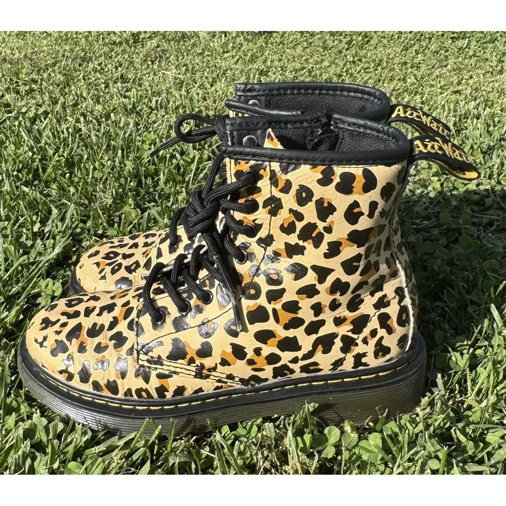 Dr. Martens 1460 J Boots Kids Size 2 Beige Leopard Combat Zip Leather Girls Boys